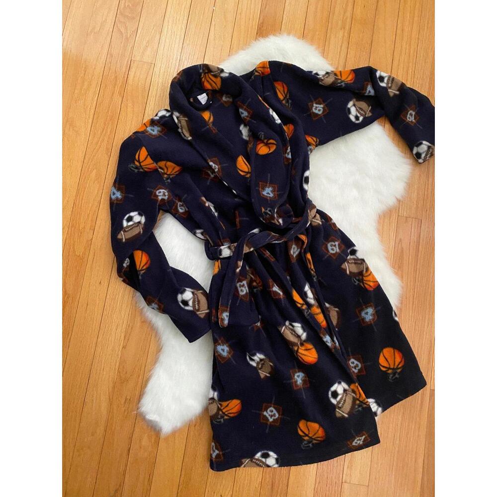Sonoma Large Navy Blue Sports Print Fleece Robe Youth Large